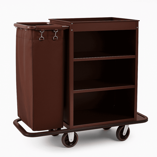 Hotel Housekeeping Cart – Brown Utility Trolley with Shelves & Laundry Bag | Durable Cleaning Cart