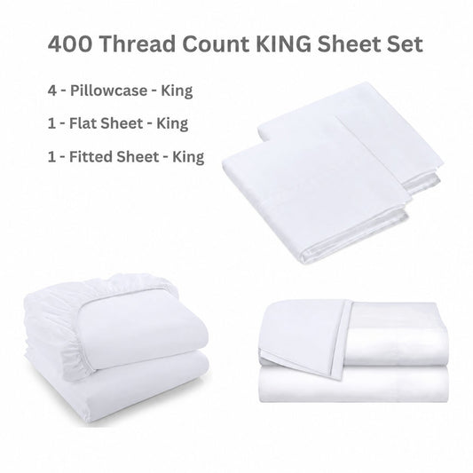 White 400 thread count king sheet set with four pillowcases, one flat sheet and one fitted sheet for hotels, resorts, inns and Airbnbs.