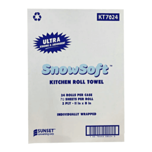 Bulk kitchen roll paper towels, 2‑ply and absorbent, ideal for hotel kitchens, restaurant stations, and catering carts