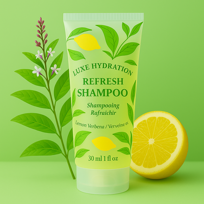 luxe hydration hotel shampoo 30ml with lemon verbena scent. Perfect for Airbnb, vacation rentals, and premium travel amenities.