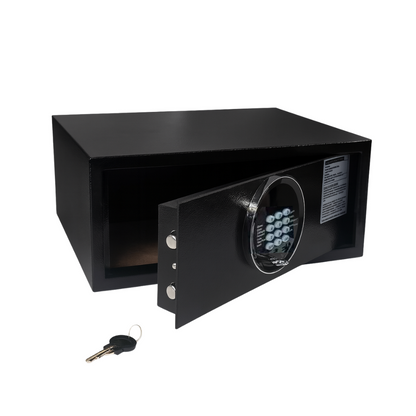 Black security safe box with open door showing dual access: electronic keypad and key.