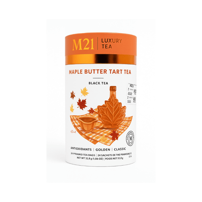 Maple butter tart herbal tea in wholesale tins. Rich and sweet, ideal for cafés, dessert pairings, or retail displays.
