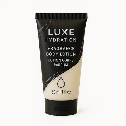 Luxe body lotion 30ml with soothing amber wood aroma. Perfect for hotels and short-term rentals. Bulk hospitality size.