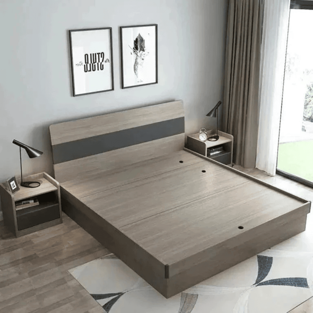 Modern platform bed with underbed storage drawers, great for apartments, student housing, or minimalist bedroom organization