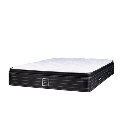 Luxury hotel mattress with a crisp white quilted top and sleek black base. Designed for durability, comfort, and elegance at Canadian Hotel Supplies.
