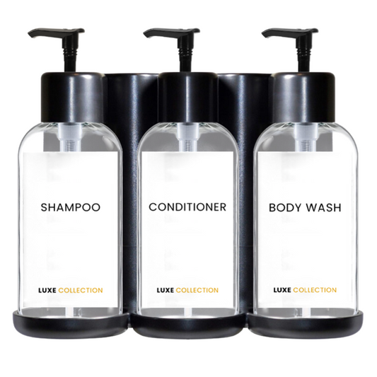 Stainless steel amenities holder for hotel and Airbnb bathrooms, designed to organize guest toiletries with a locking system 