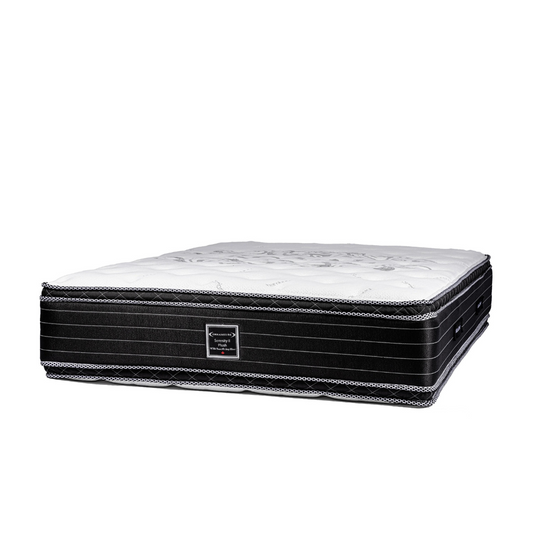 Top mattress with quilted white top and black sides. Experience precision and attention to detail with a plush memory foam top layer. Ideal for upscale hotel comfort.