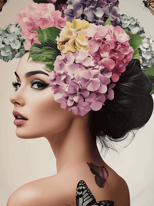 Modern portrait wall art featuring a woman with hydrangea crown and butterflies, ideal for hotels, salons, and boutique interiors