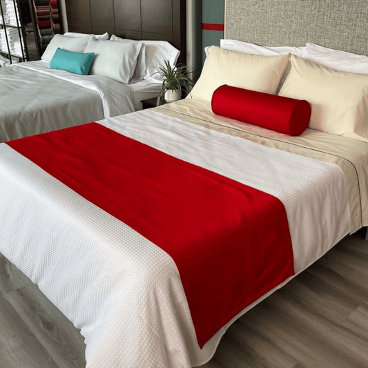 Bright red bed scarf for hotels, motels, and Airbnb, ideal for room presentation and upscale guest experience