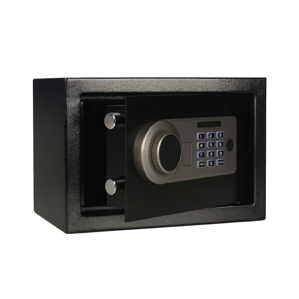 Anti-theft electric safe for hotel rooms and hospitality properties, featuring digital keypad and master key access