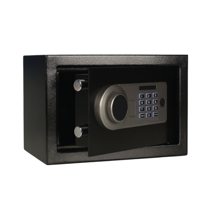 Anti-theft electric safe for hotel rooms and hospitality properties, featuring digital keypad and master key access