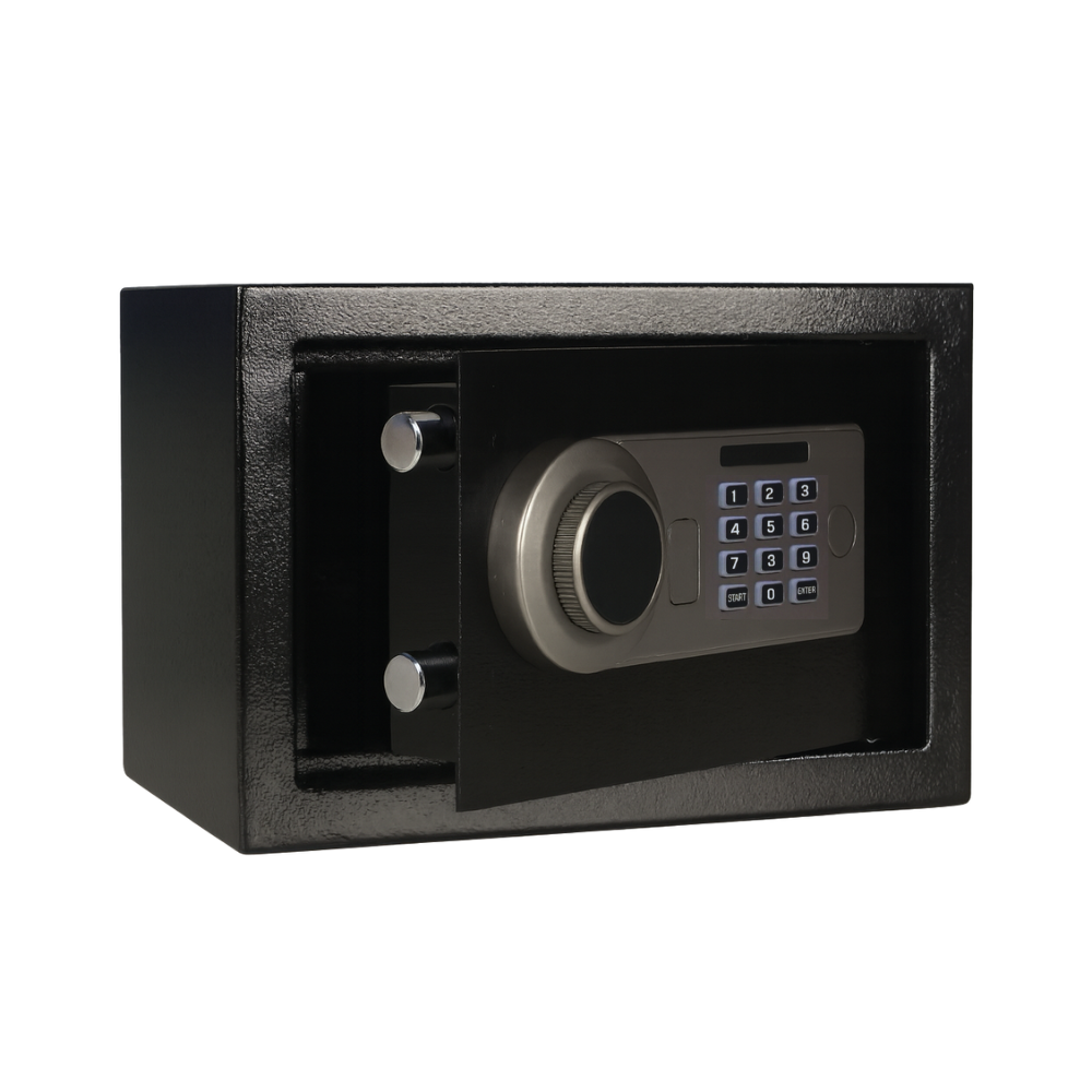 Durable hotel room safe box with electronic keypad and override key, ideal for guest security in hotels and resorts