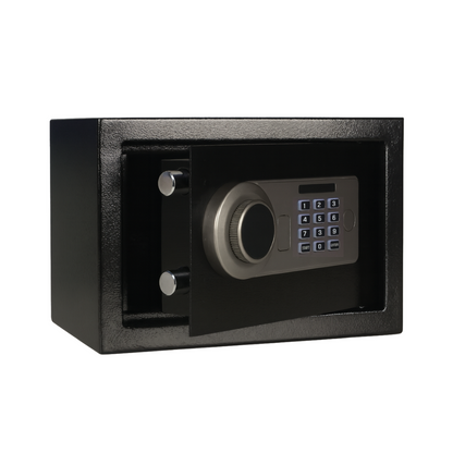 Durable hotel room safe box with electronic keypad and override key, ideal for guest security in hotels and resorts