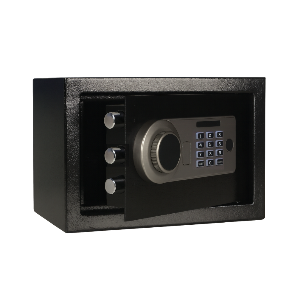 Commercial-grade electronic hotel safe with key override system for secure guest valuables storage