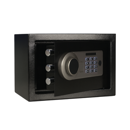 Commercial-grade electronic hotel safe with key override system for secure guest valuables storage