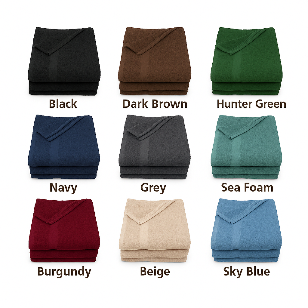 Affordable set of folded 100% combed cotton towels in nine vibrant colors, ideal for hotels, spas, Airbnbs, or homes. Soft, absorbent, and quick-drying.