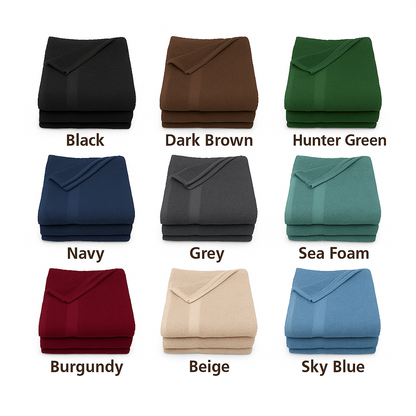 Affordable set of folded 100% combed cotton towels in nine vibrant colors, ideal for hotels, spas, Airbnbs, or homes. Soft, absorbent, and quick-drying.