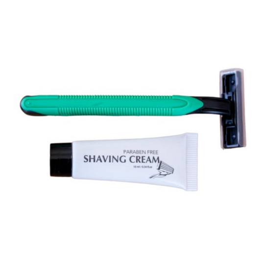 Hotel shaving kit with razor and shaving cream hygienically sealed and ideal for guest bathrooms in Airbnb, inns, and resorts