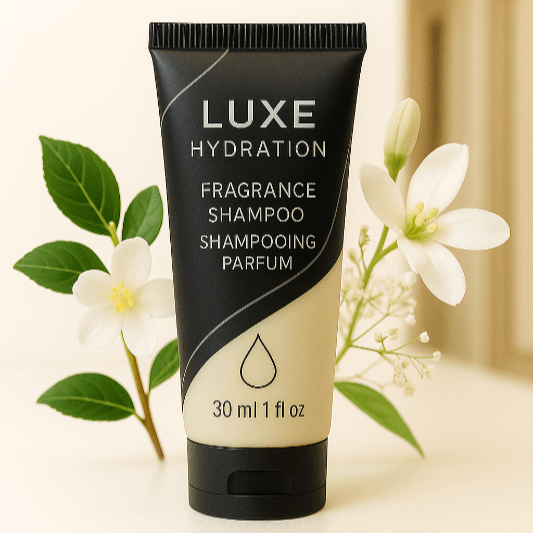 Travel-size shampoo with elegant fragrance blend of bergamot, amber wood, and floral notes for luxury hotel amenities