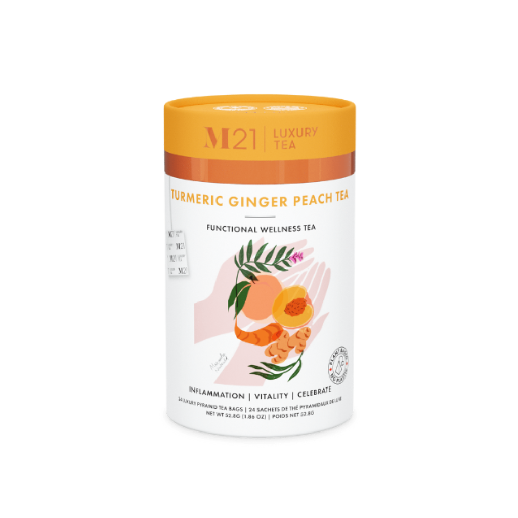 Turmeric ginger peach herbal tea in wholesale format. Great for cafés, retreats, gift boxes, and naturally caffeine-free.