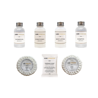 Full 700-piece amenity set with 100 each of shampoo, conditioner, lotion, soap, and shower gel, ideal for hotels and rentals
