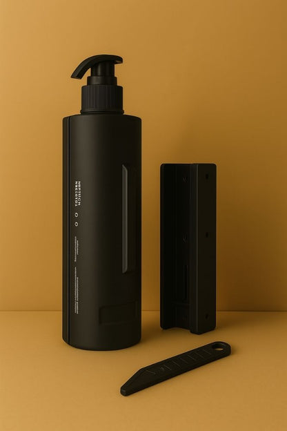 Black wall-mounted hotel amenity dispenser bottle with mounting bracket and key, ideal for hotel bathrooms, resorts and hospitality properties.