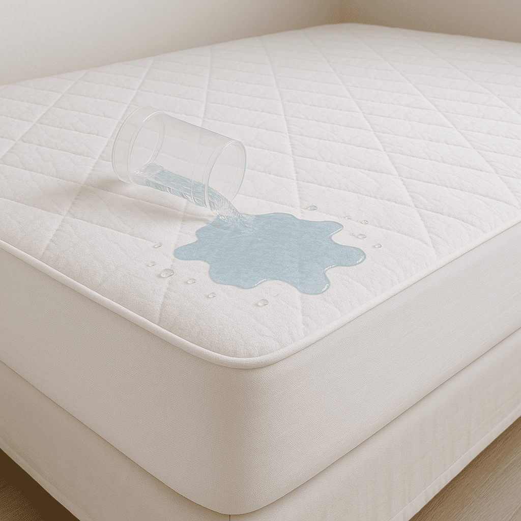 Durable fitted mattress cover with soft quilted surface and noiseless waterproof backing for hospitality use