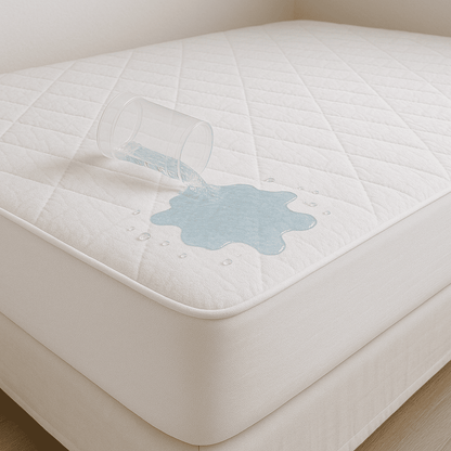 Durable fitted mattress cover with soft quilted surface and noiseless waterproof backing for hospitality use