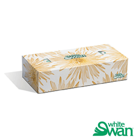 White Swan facial tissue box with sunflower design, perfect for hotels and hospitality settings looking for quality, affordable guest amenities.