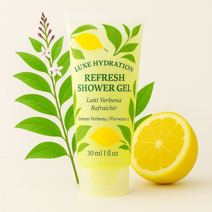 30ml lemon verbena shower gel for hospitality use, enriched with Italian lemon and lavender for a refreshing guest cleanse