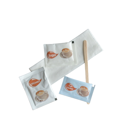 5 pc coffee condiment kit with sugar, sweetener, creamer, stir stick, and napkin for hotels, events, and guest rooms