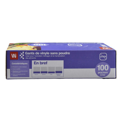 Box of 100 powder-free vinyl gloves, latex-free and food-safe, ideal for cleaning, food handling, and light-duty protection in kitchens or labs