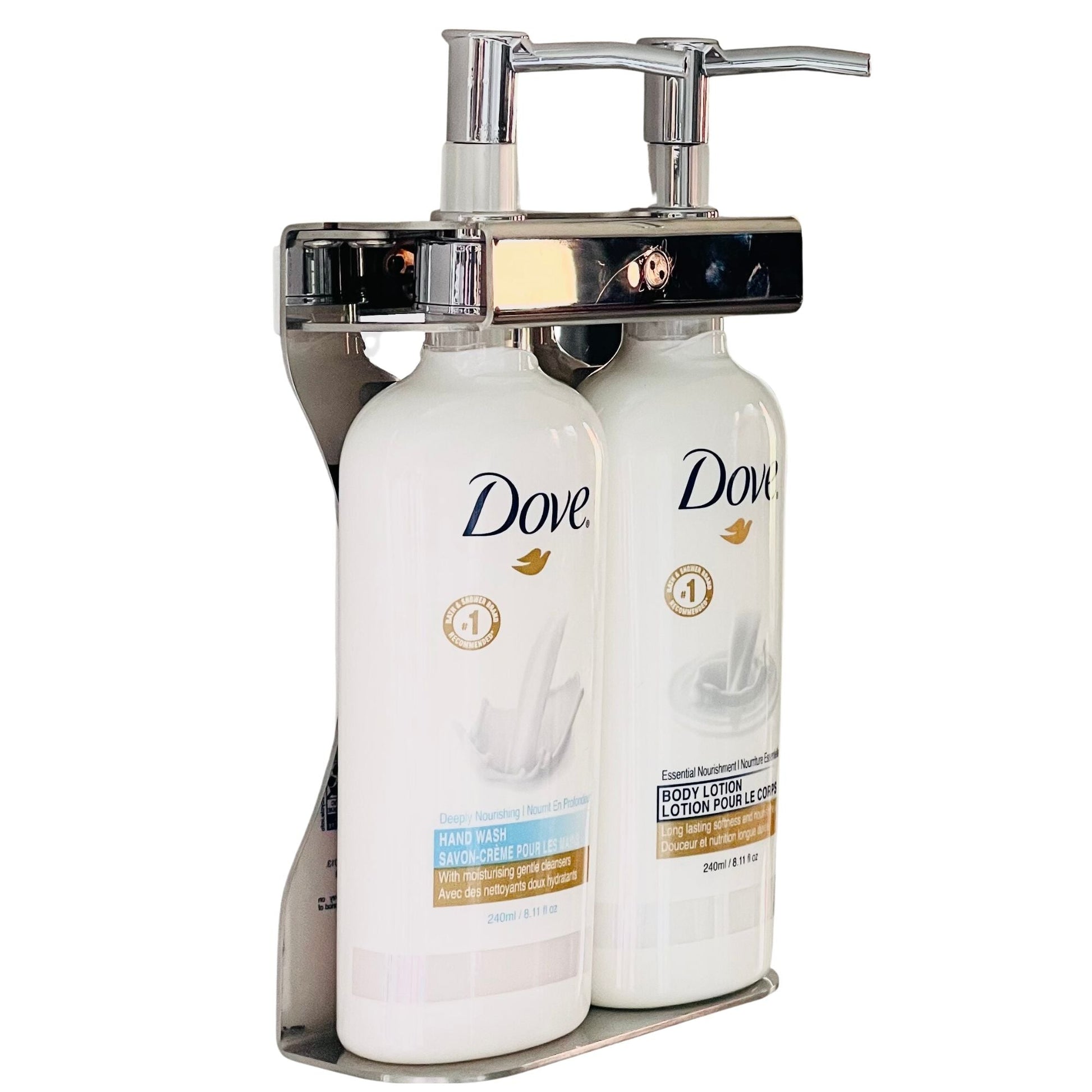 Double 240ml Stainless Steel Hotel Liquid Amenities Holder/Fixture with Tamper Resistant Locking System Media 2 of 5 - Available now at Canadian Hotel Supplies