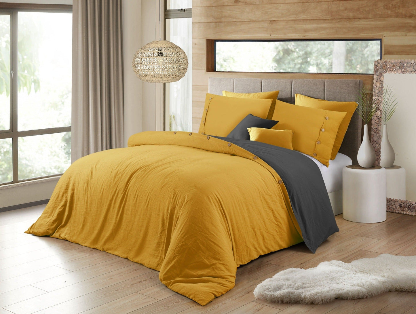Solid Color Bedding Reversible Duvet Cover Set - Mustard