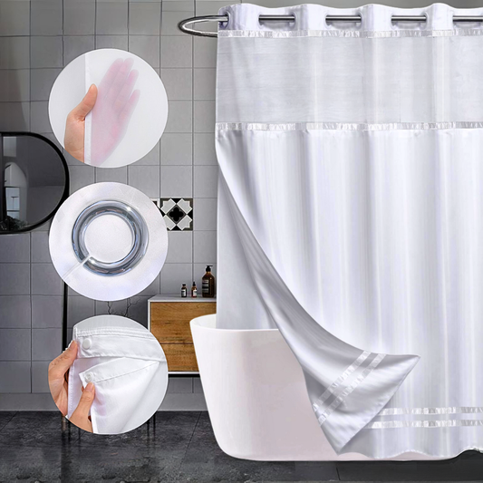 Hook Less Shower Curtain Escape 2 Pieces Accent Piping Chrome with Translucent Window & Snap-On Liner