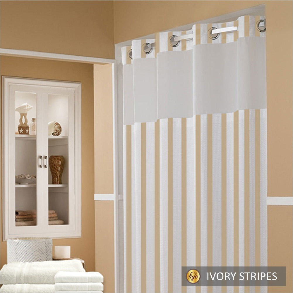 Hook Less Ivory Stripes Shower Curtain 2 Piece with Translucent Window & Removable Snap-On Liner