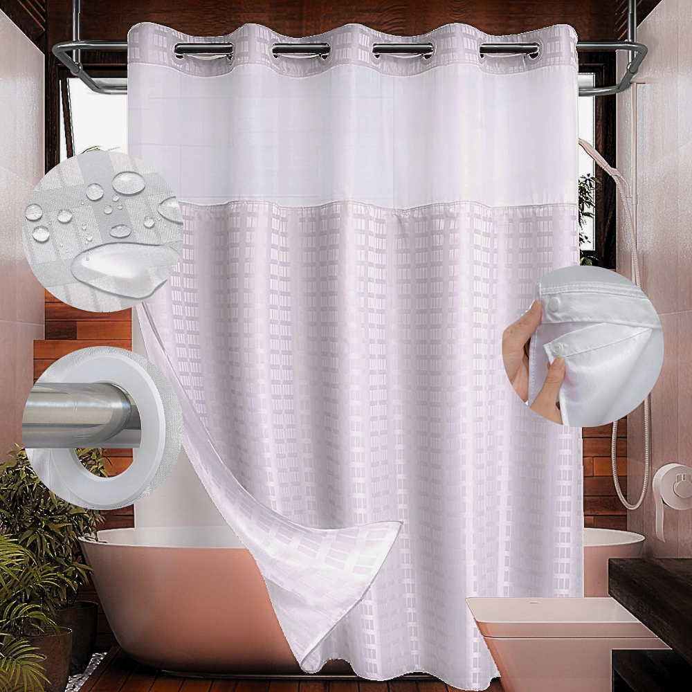 Hook Less Shower Curtain 2 Piece with Translucent Window & Snap-On Liner - Multiple Styles Available