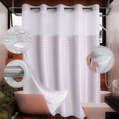 Hook Less Shower Curtain 2 Piece with Translucent Window & Snap-On Liner - Multiple Styles Available