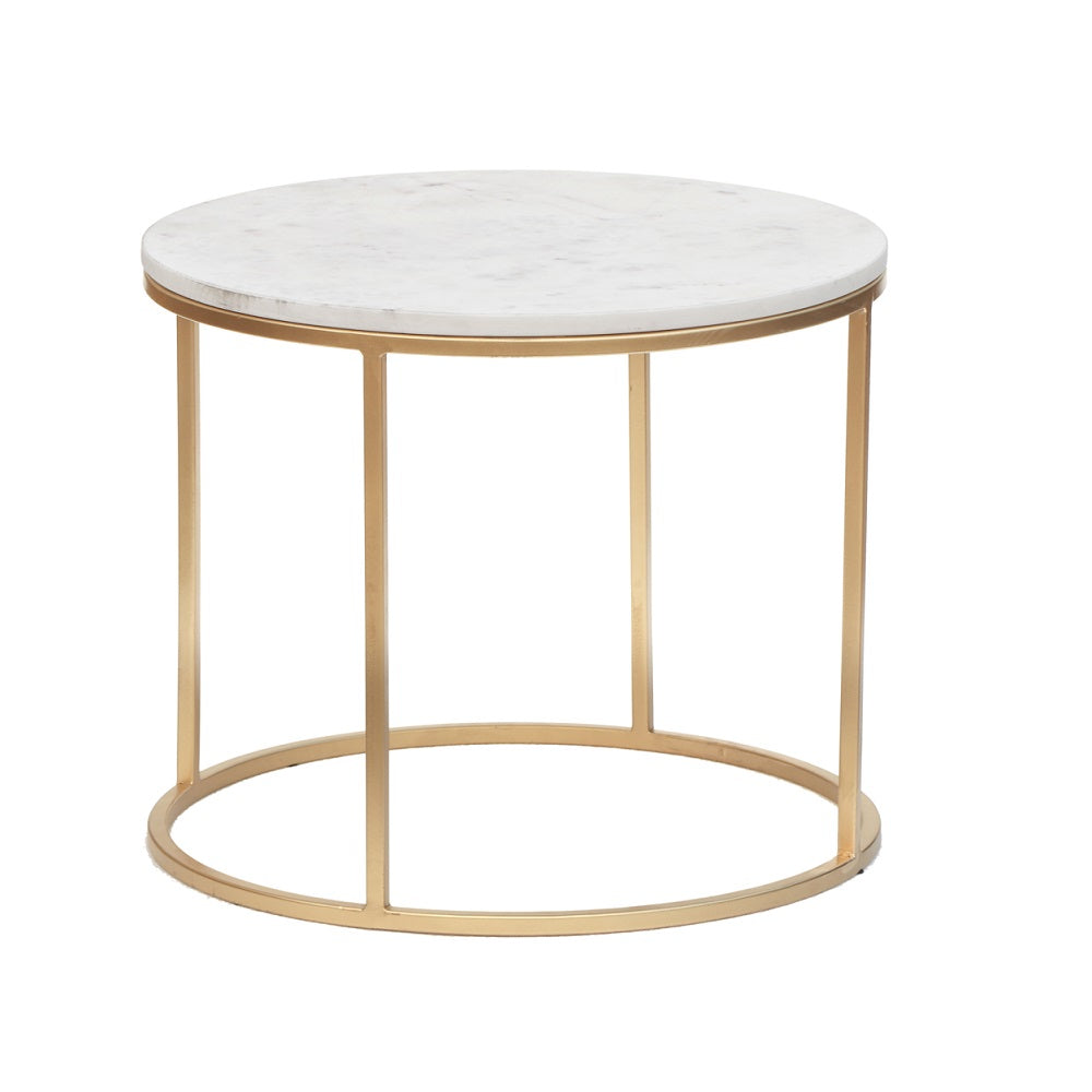 Amelia End Table with white marble top and gold steel frame, a modern round accent table ideal for hotel rooms, lounges, or living spaces.