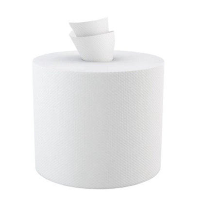 Cascades Pro Center Pull Towel, 2-ply roll with 500 white sheets, ideal for high-traffic areas in hospitality, ensuring durability and easy dispensing.