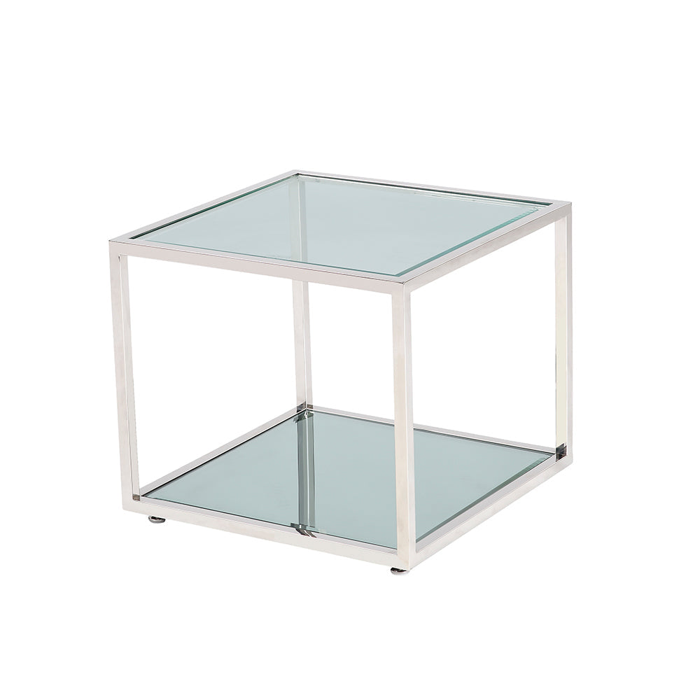 Caspian End Table with chrome metal frame and clear glass shelves, a modern accent piece perfect for hotel rooms, lobbies, or living spaces.