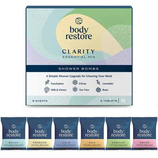 Clarity Shower Bombs 6 pack by Body Restore, hotel amenity set with essential oils, ideal for luxury guest bathrooms, spas, and hospitality supplies