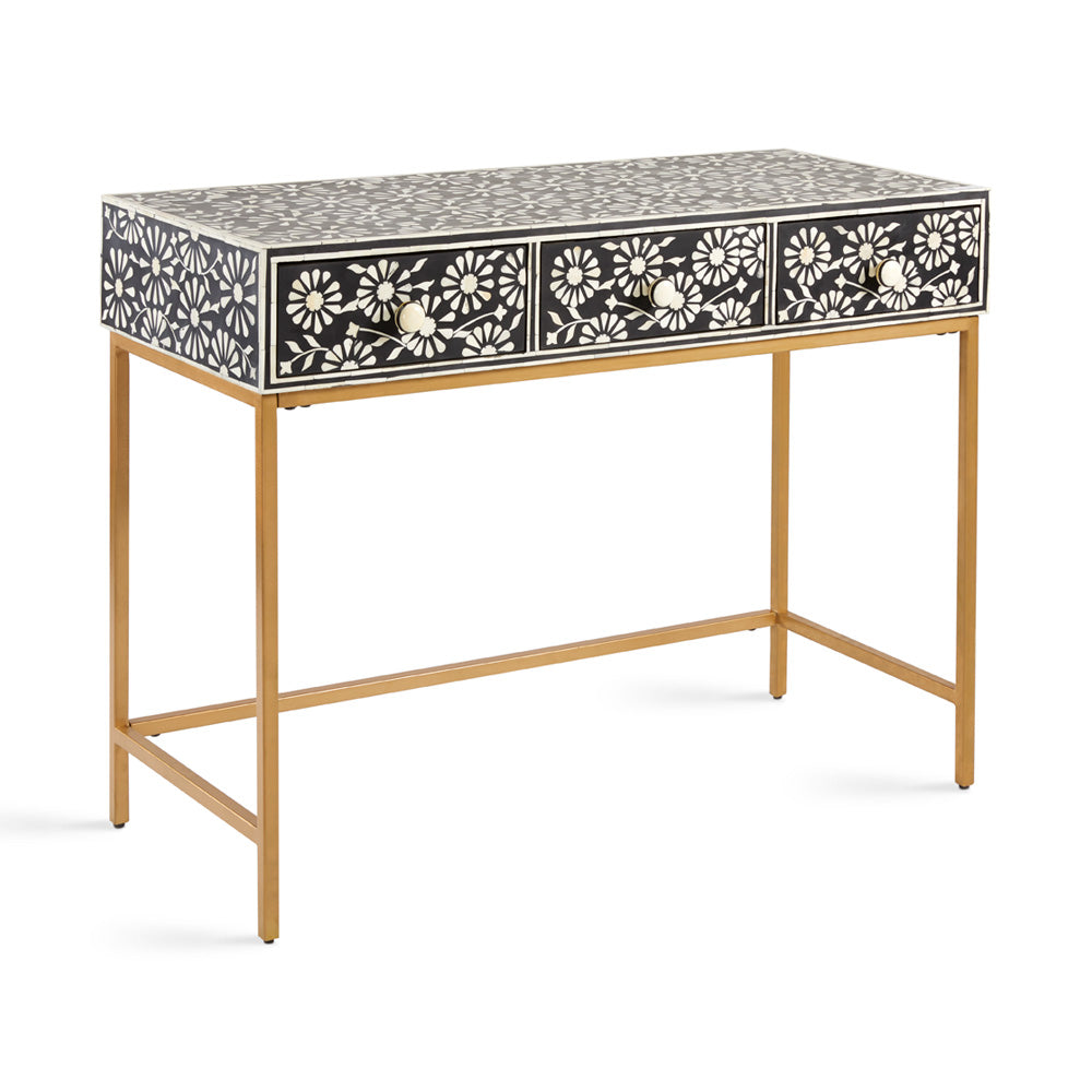 Delilah Console Table with floral bone inlay design, three drawers, and gold metal frame perfect for hotel lobbies, entryways, or stylish interiors.