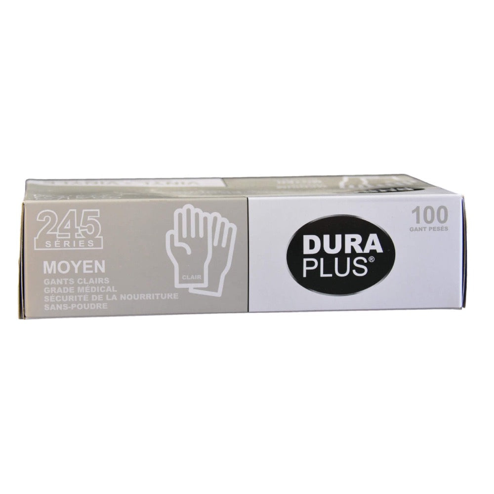 Dura Plus box of 100 clear powder-free disposable gloves, medium size, medical grade and food safe, ideal for kitchens, clinics, or labs.