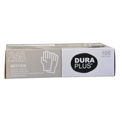 Dura Plus box of 100 clear powder-free disposable gloves, medium size, medical grade and food safe, ideal for kitchens, clinics, or labs.