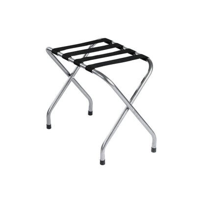 Foldable metal luggage rack with black nylon straps, ideal for hotels, guest rooms, and Airbnbs for convenient suitcase support and storage.