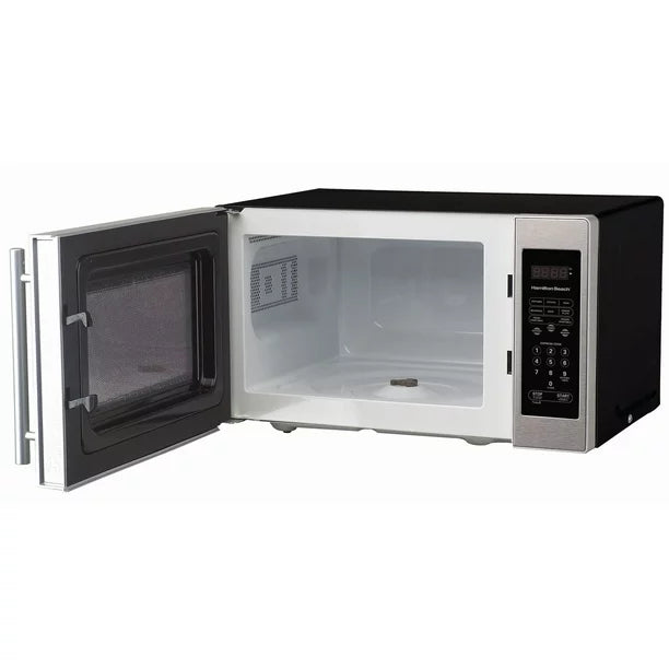 Interior of stainless steel microwave.