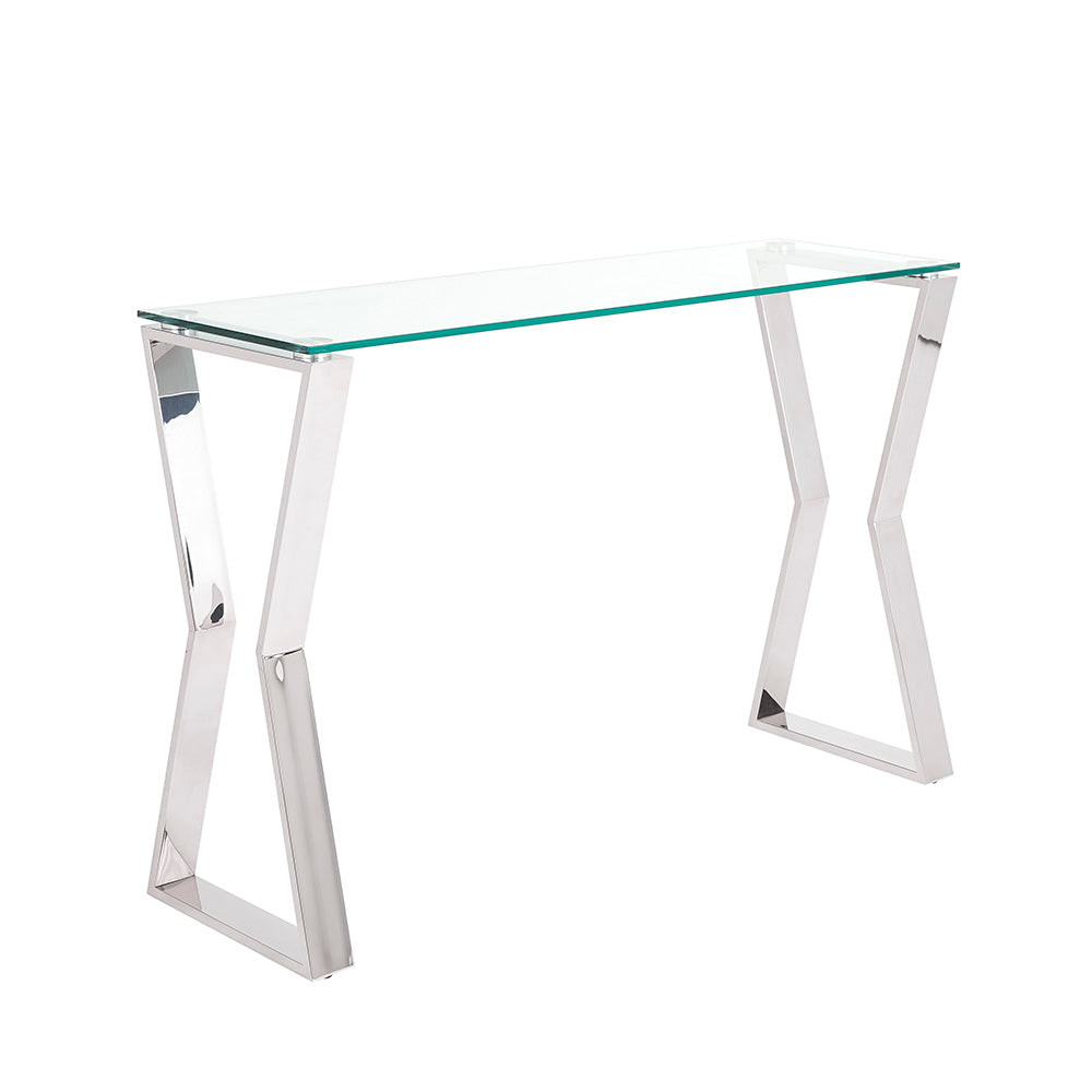Modern console table Canada with clear glass top and chrome zigzag legs, ideal for hotel entryways, living rooms, or stylish hallway décor.