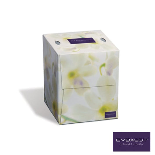 Premium quality cube box facial tissue with floral design, ideal for hotels and spas seeking premium guest amenities from Canadian Hotel Supplies.