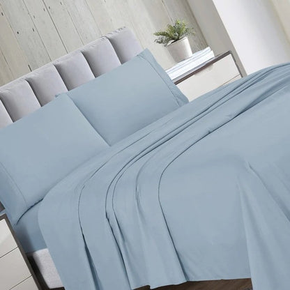 Soft solid-color 6pc bed sheet set, ideal for hotel bedding programs, available in bulk for inns and resorts